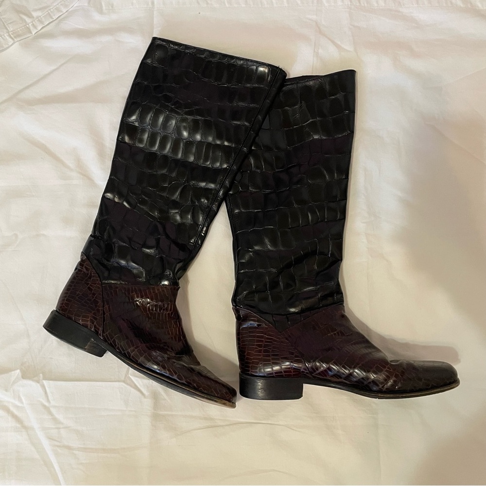 Dark Brown Croc-Embossed Leather Boots